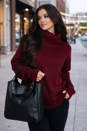 Burgundy Cozy Turtleneck Sweater – Warm Knit Winter Layer