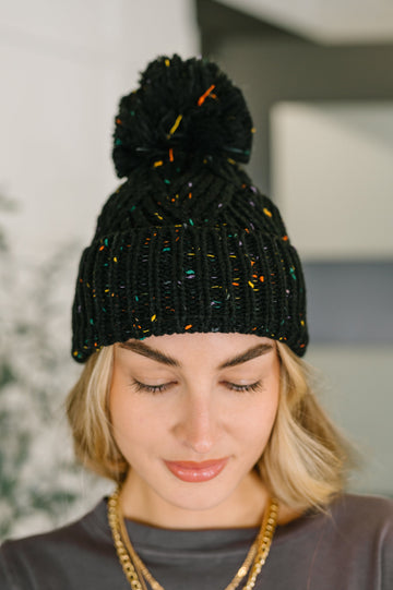 Black Pom Pom Beanie – Cable Knit Winter Hat