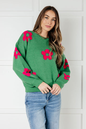 Women’s Green Floral Sweater with Balloon Sleeves