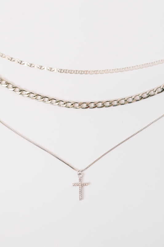 Layered Silver Cross Necklace – Pavé Faith Pendant with Multi Chain Design