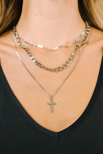 Layered Silver Cross Necklace – Pavé Faith Pendant with Multi Chain Design