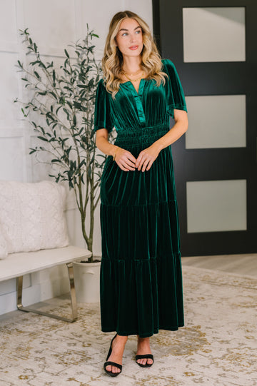 Softest Touch Emerald Velvet Tiered Dress