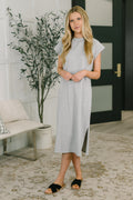 Full-length view of the Zenana Sweet Like That T-shirt dress in Heather Grey featuring a relaxed jersey fit and subtle side slit.
