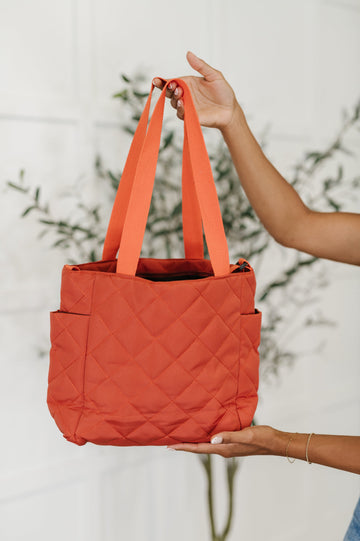 There She Goes Tote Bag in Tomato – Quilted Zip Tote Handbag