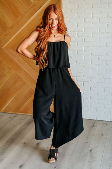 Black Wide Leg Spaghetti Strap Jumpsuit - Crinkle Woven Tiered Bodice